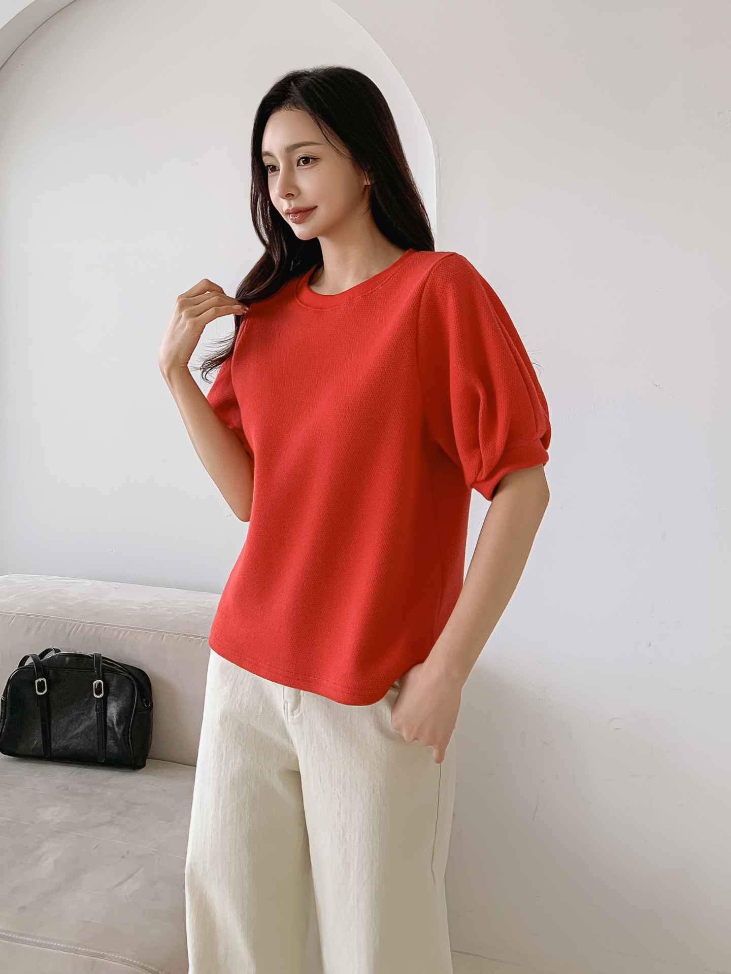 ワッフルラウンドネックパフスリーブTシャツ | 詳細画像5