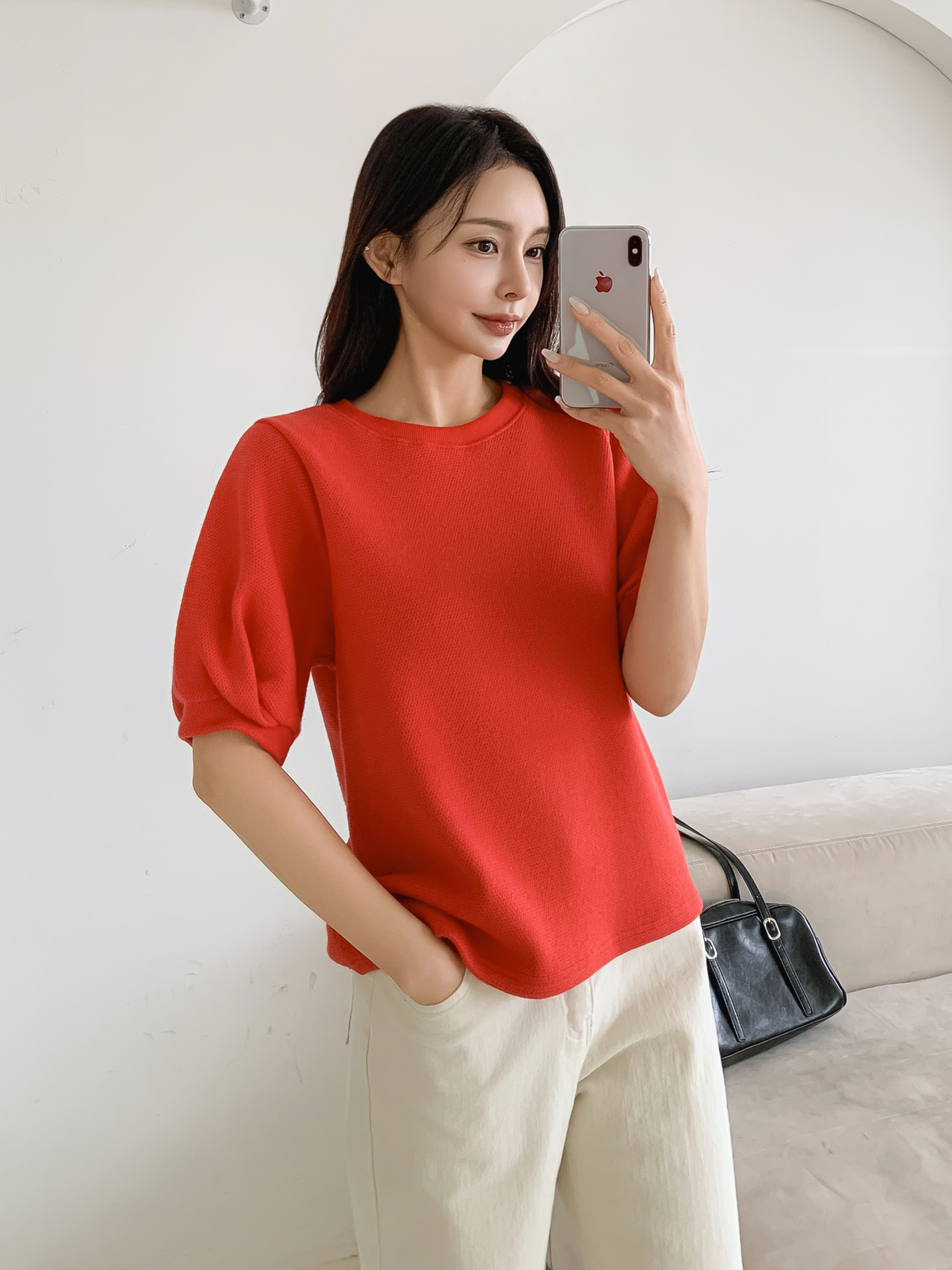 ワッフルラウンドネックパフスリーブTシャツ | 詳細画像16