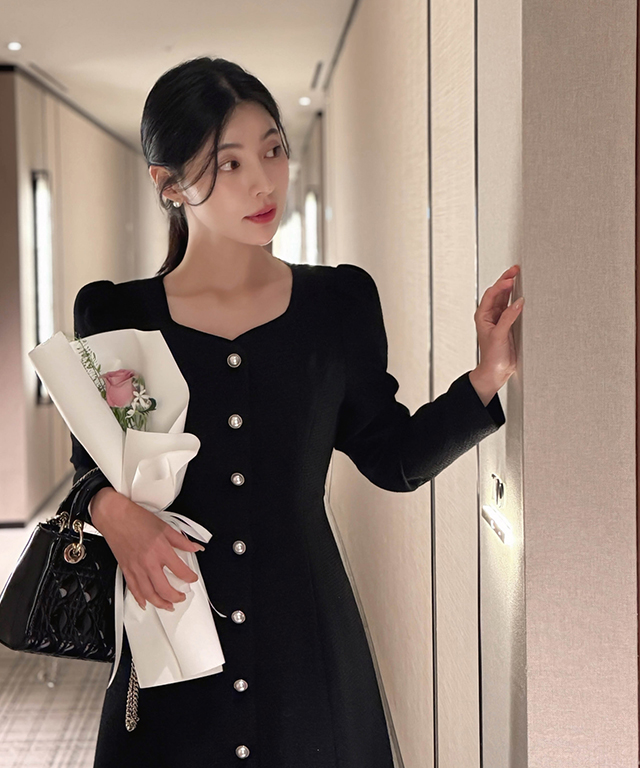 D&G ツイードスタイル長袖ワンピース ツイードボタンハートネックパール調ボタンロング長袖ワンピース