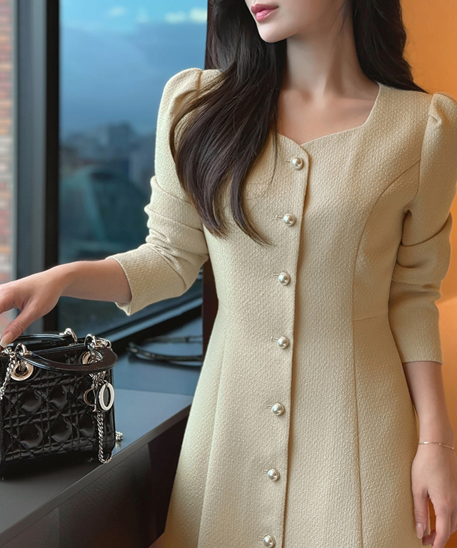 ツイードボタンハートネックパール調ボタンロング長袖ワンピース