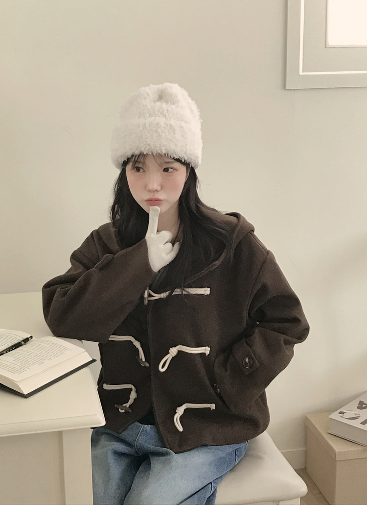 ウール混ショート長袖フードトグルボタンコート | レディース