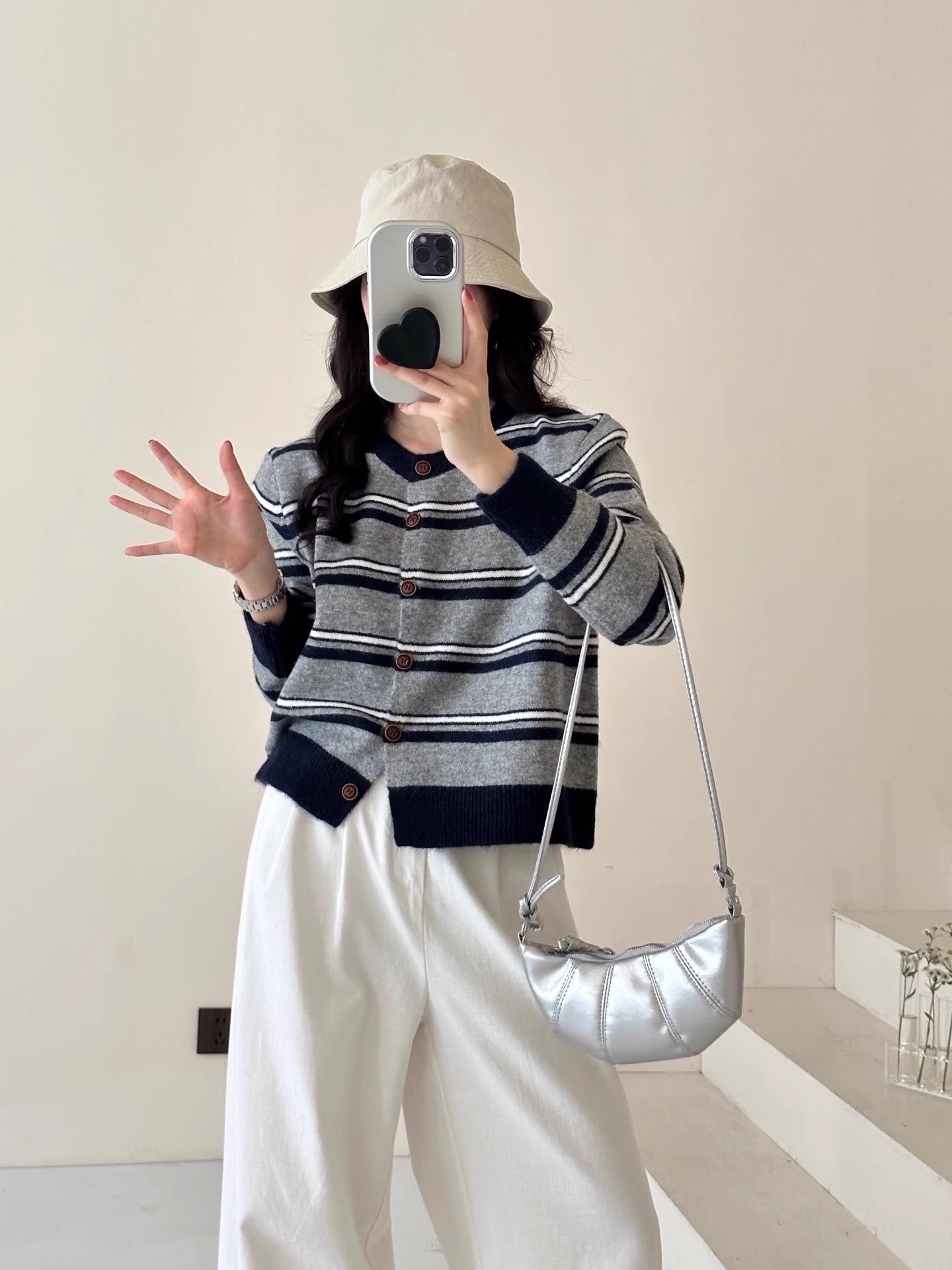 ボタンラウンドネック長袖ボーダーカーディガン | 詳細画像6