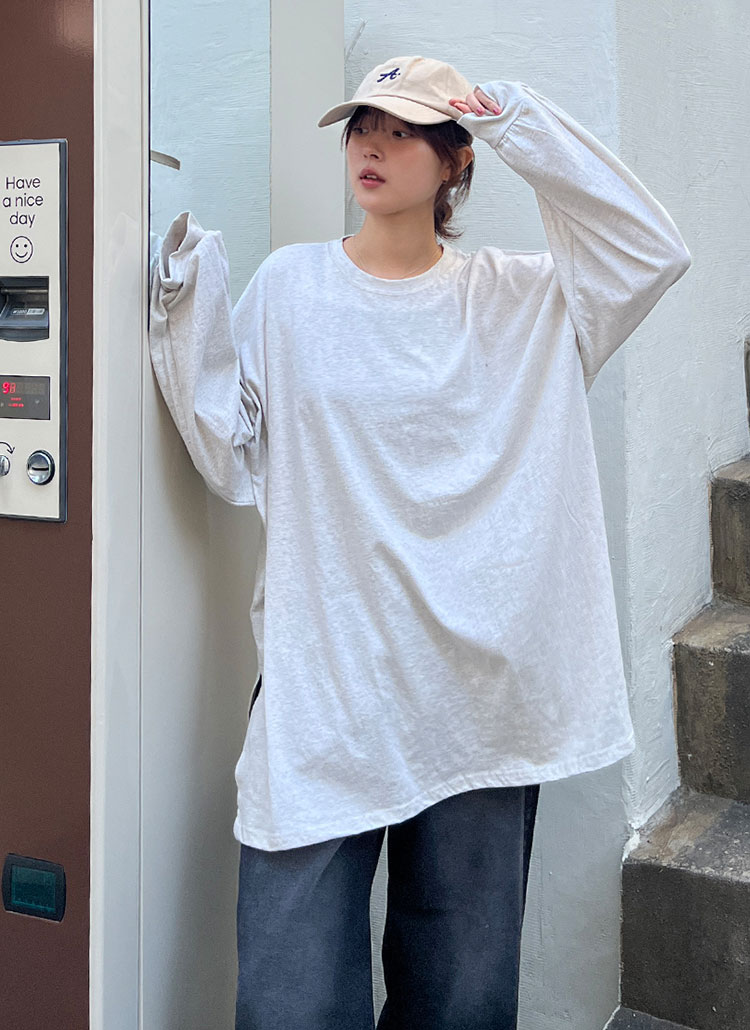 コットンラウンドネック長袖ボクシーロングスリットTシャツ