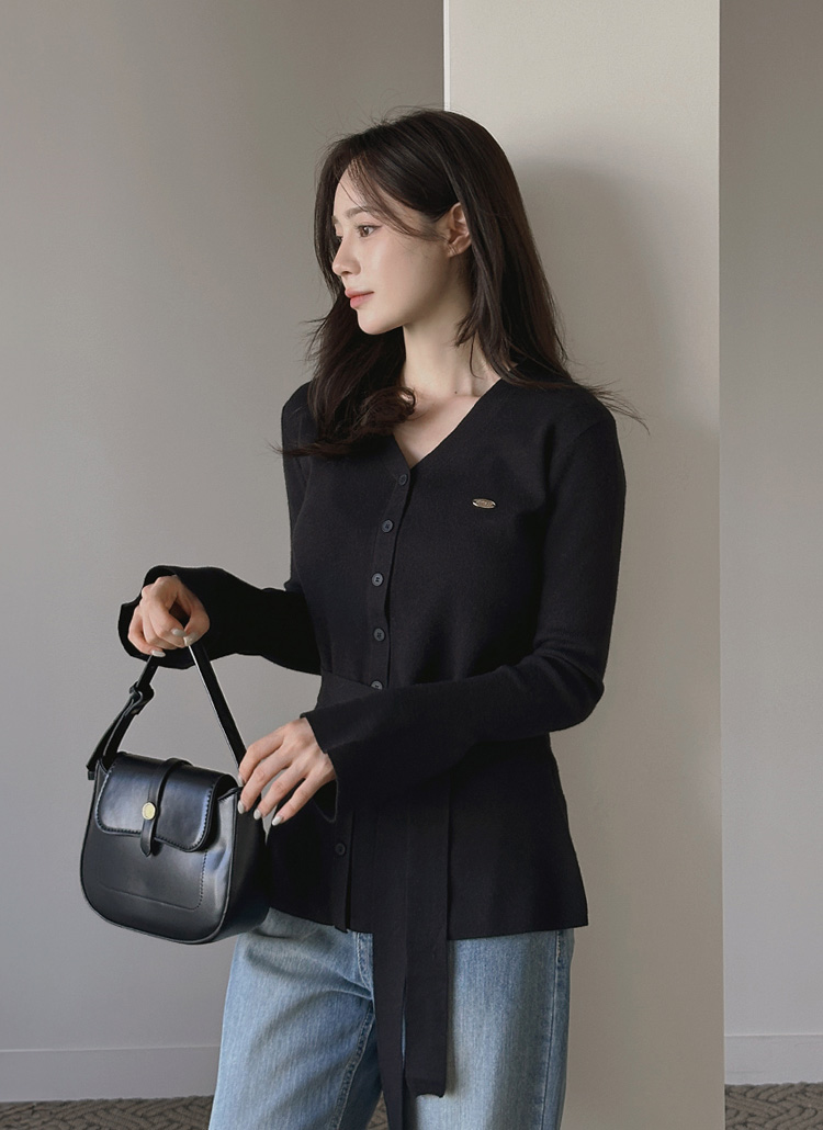 スカーフ付ソフトペンダント長袖ボタンVネックスリムカーディガン