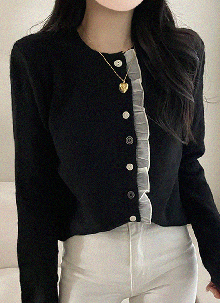 長袖ボタンラウンドネック配色レースカーディガン | レディース