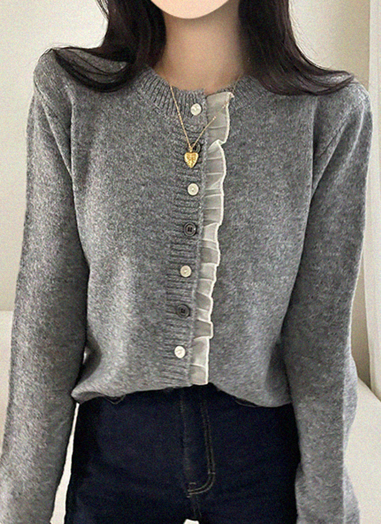 長袖ボタンラウンドネック配色レースカーディガン | レディース