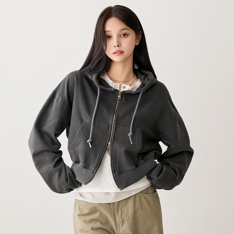 90® フード付きクロップドパーカー クロップドフードダブルジップポケットカラージップパーカー