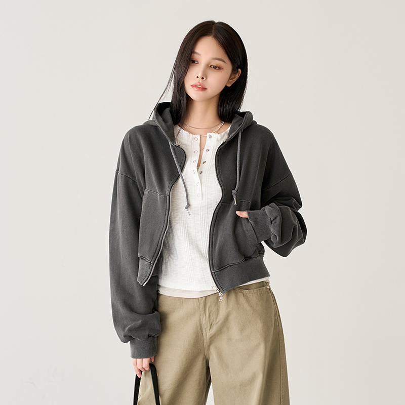 クロップドフードダブルジップポケットカラージップパーカー