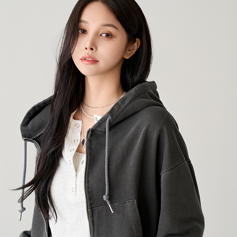 クロップドフードダブルジップポケットカラージップパーカー