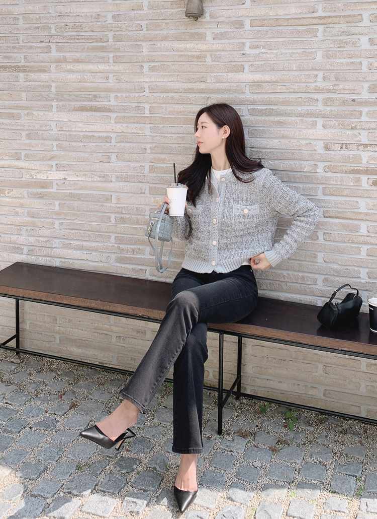 ツイード長袖ラウンドネックビジューボタンカーディガン | レディース