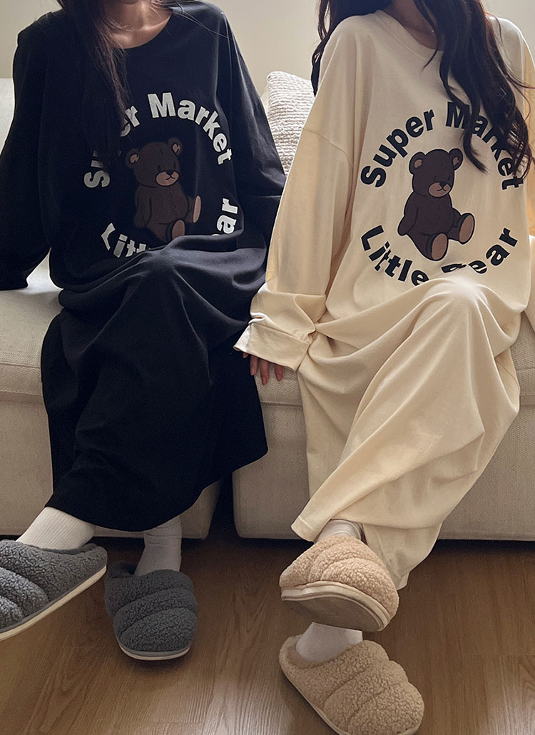 コットン長袖ルーズラウンドネックロングベアパジャマトップワンピース