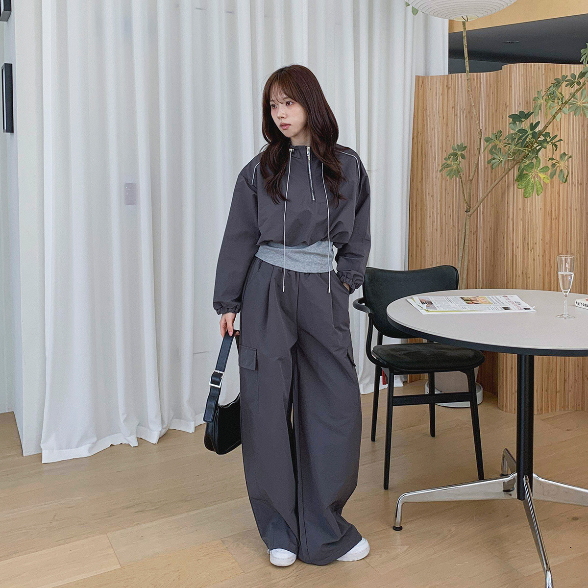 ハーフジップウエストゴムクロップドカーゴドローコードカラー