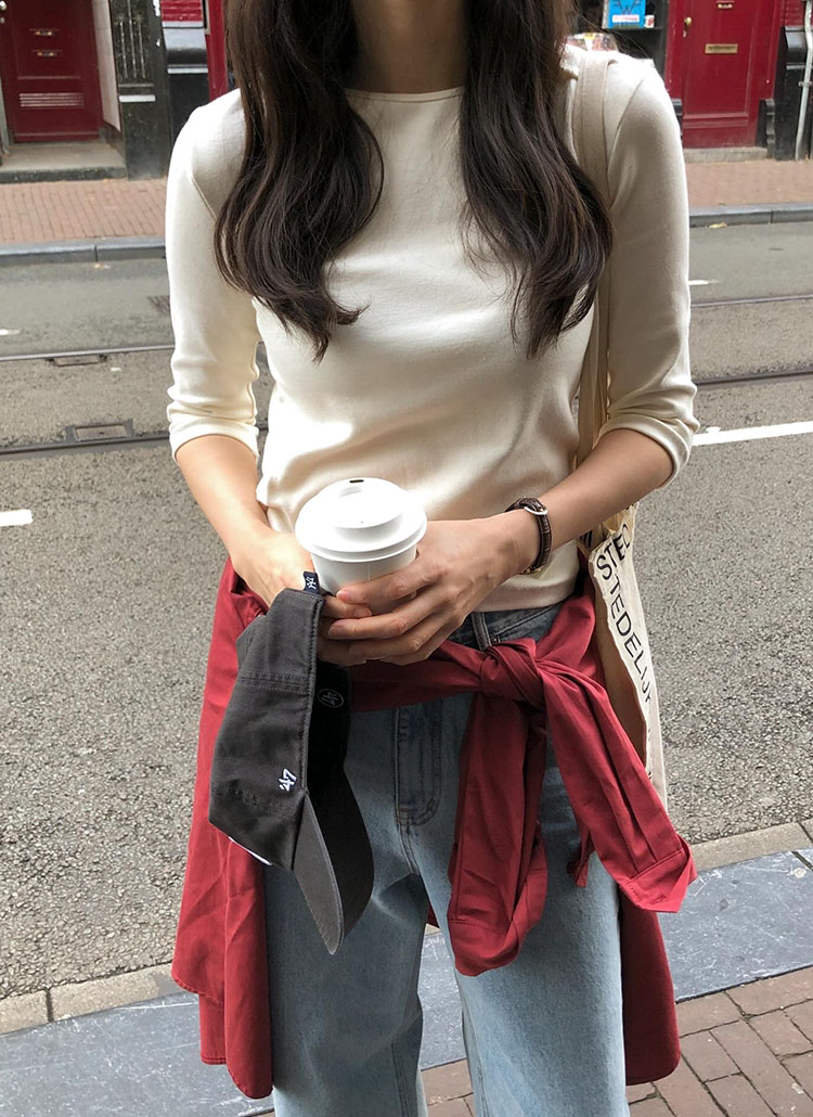 7分袖ラウンドネックスリム無地カラーTシャツ | レディース