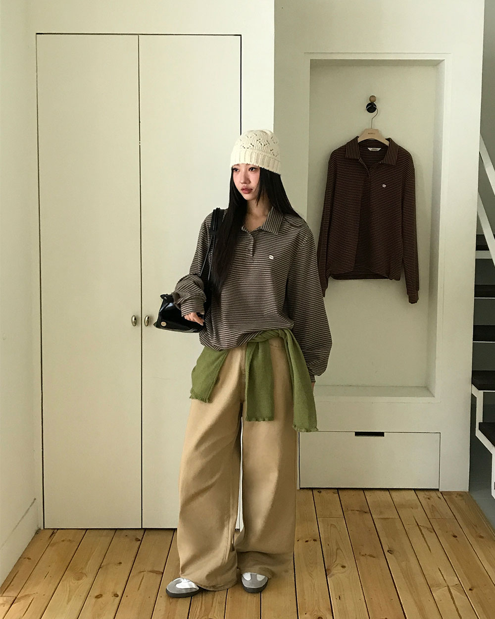 起毛裏地カラードローストリングボクシー長袖ボーダーTシャツ