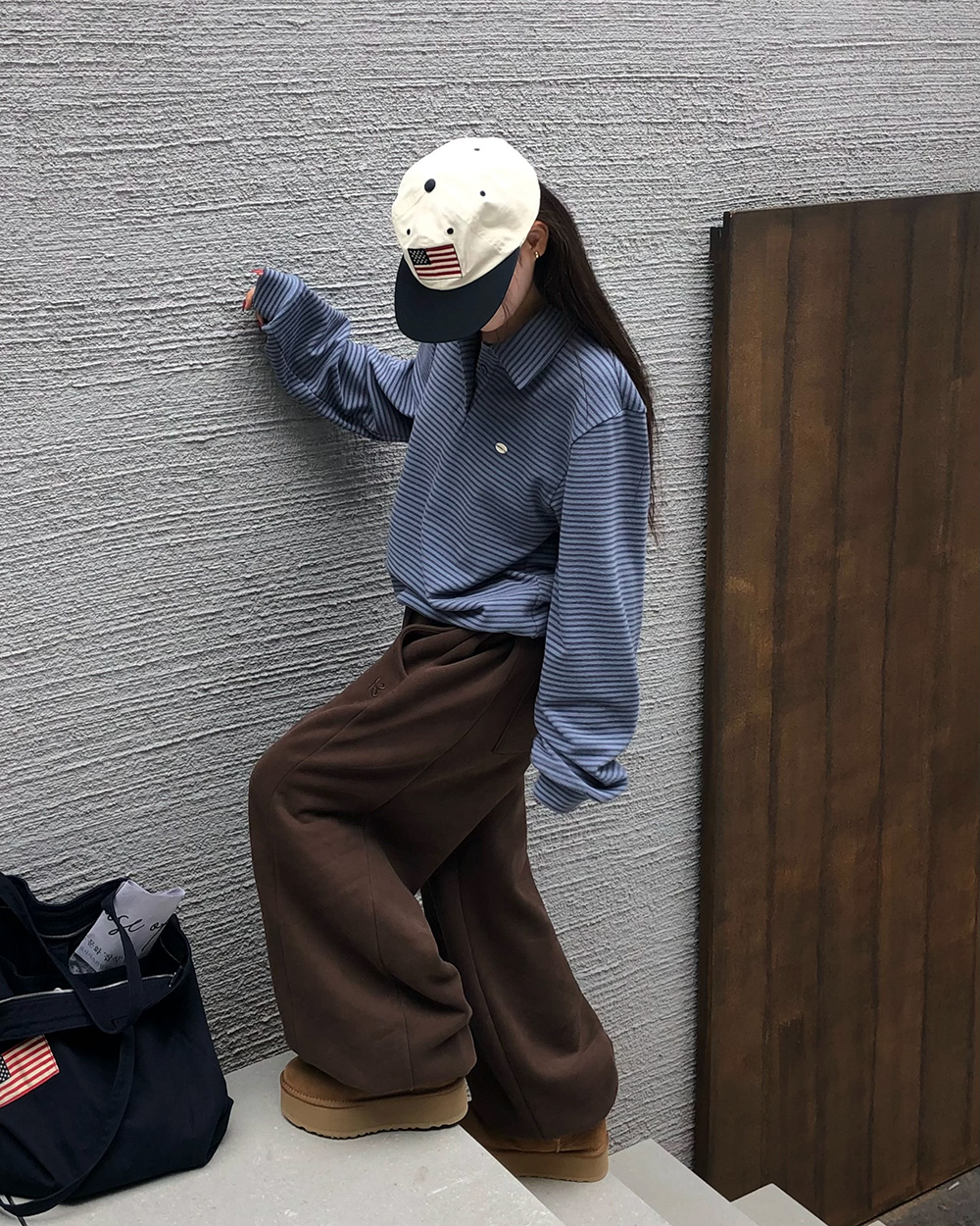 起毛裏地カラードローストリングボクシー長袖ボーダーTシャツ
