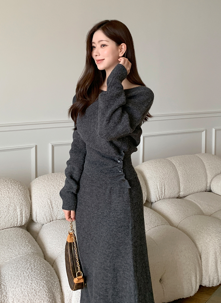 ソフトウエストゴムロング長袖ギャザーセットアップスカートニット