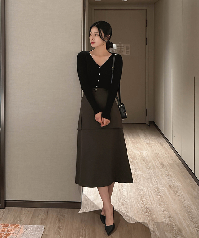 ベルト付バックゴムジップアップレイヤードラップ調ロングスカート