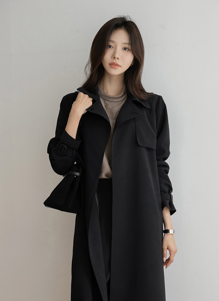 お値引き中　ウジョー　黒 ロングコート ベルト付き セール】フェイクウール2WAYベルト付きロングスタンドカラーステン