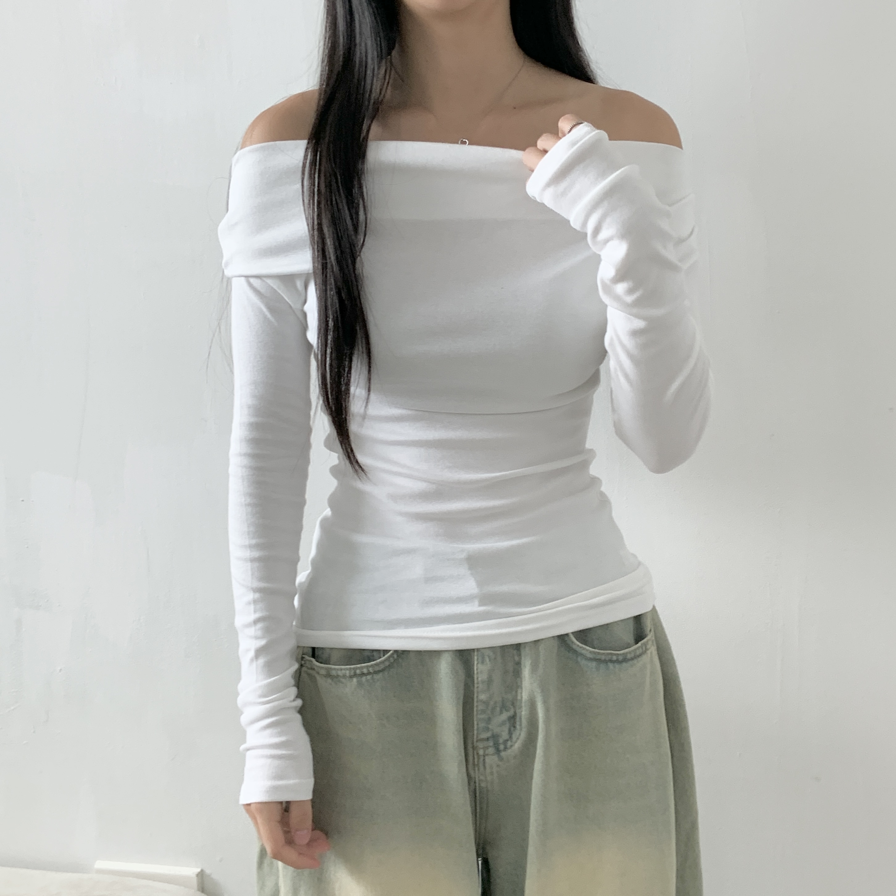 オフショルダー長袖無地Tシャツ | 詳細画像4