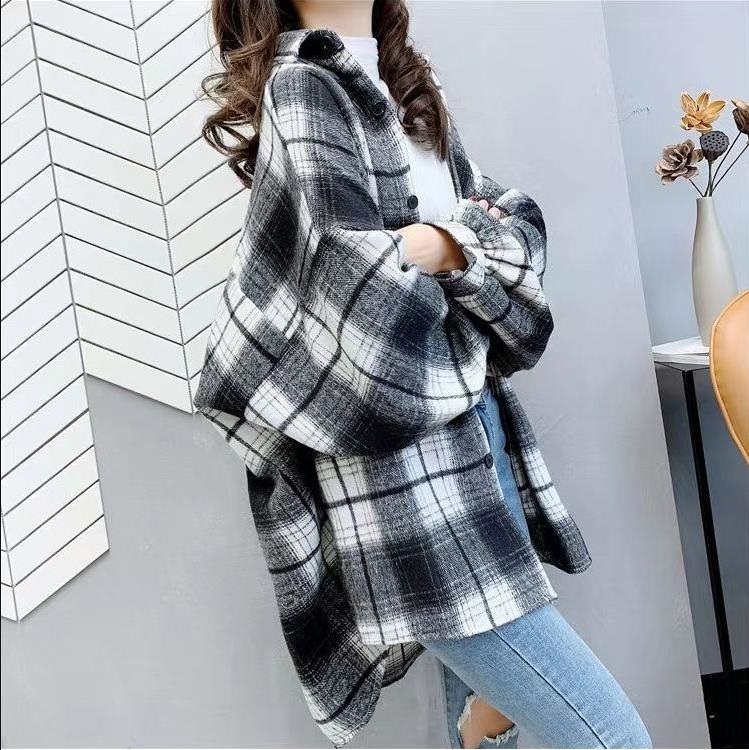 両起毛オーバーサイズボクシールーズ長袖チェックシャツ | 詳細画像7