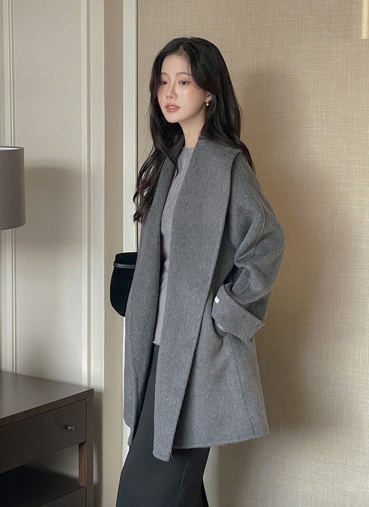 ストラップ付ウール混ポケットシンプルハーフショールカラーコート