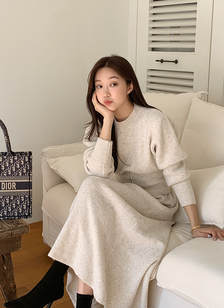 ウエストゴムハーフジップ長袖スリットロングセットアップスカート