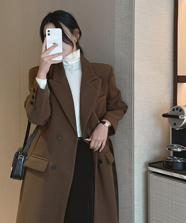 ベルト付ウール混カラーロング長袖ダブルボタンコート | レディース