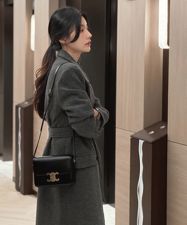 ベルト付ウール混カラーロング長袖ダブルボタンコート | レディース