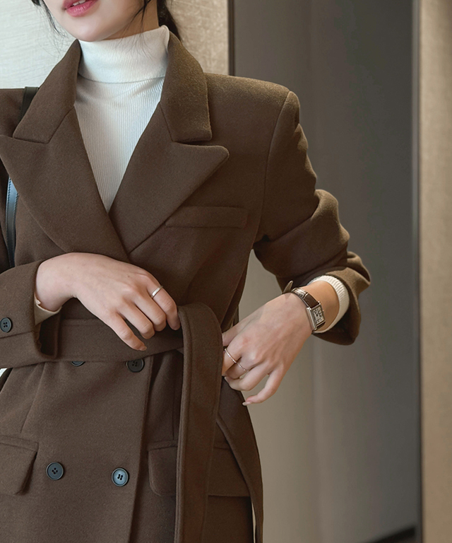 ベルト付ウール混カラーロング長袖ダブルボタンコート | レディース