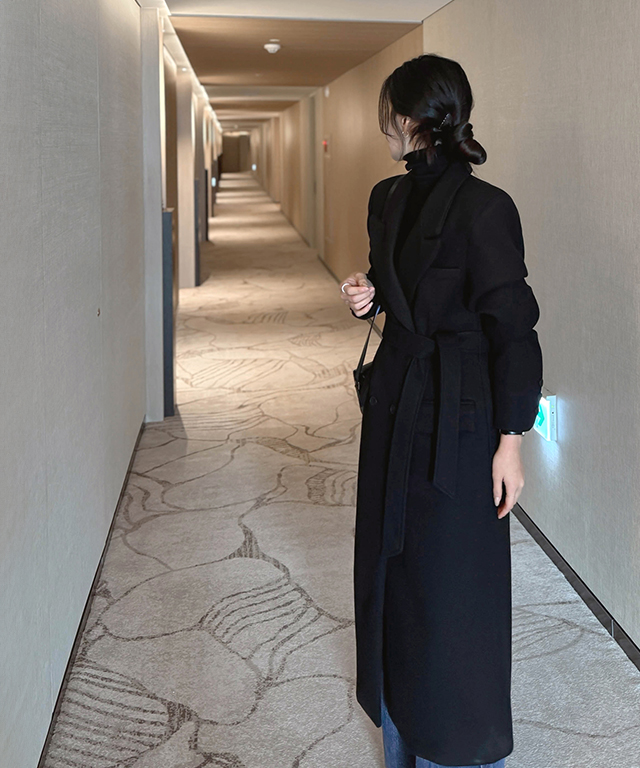 ベルト付ウール混カラーロング長袖ダブルボタンコート | レディース