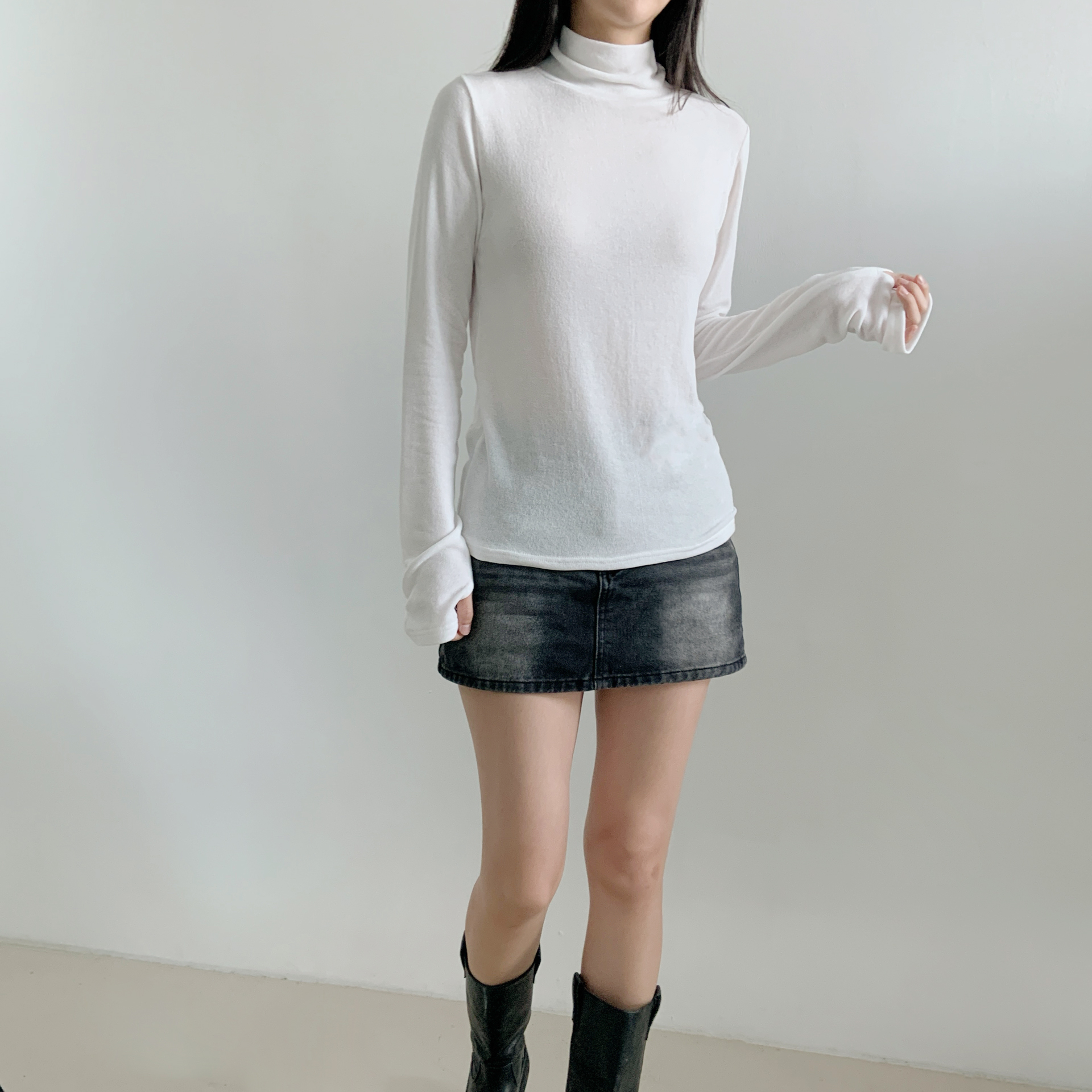 タートルネックウォーマーベーシックルーズ長袖無地Tシャツ | 詳細画像12