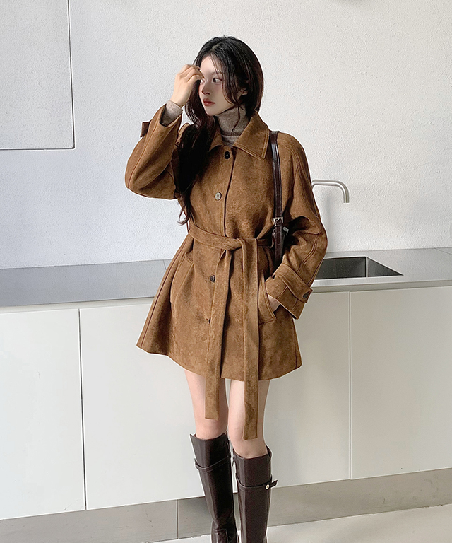 ベルト付スエード調ボタンカラーコート | レディースファッション通販