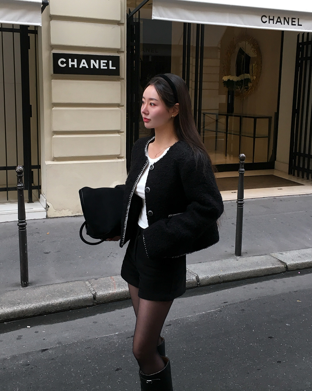 ツイードウール混ボタンラウンドネックステッチ長袖ビジューボタン