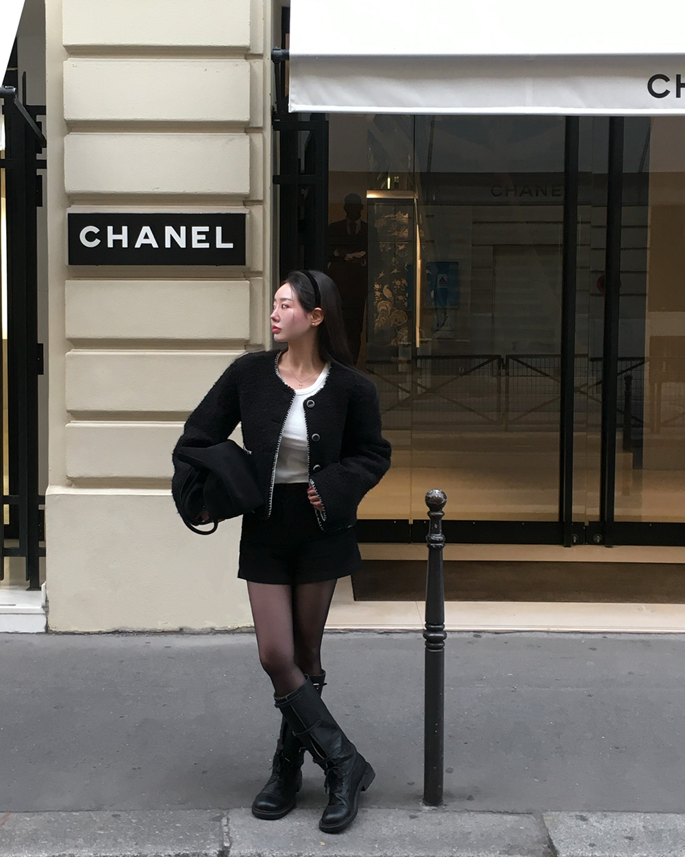 ツイードウール混ボタンラウンドネックステッチ長袖ビジューボタン