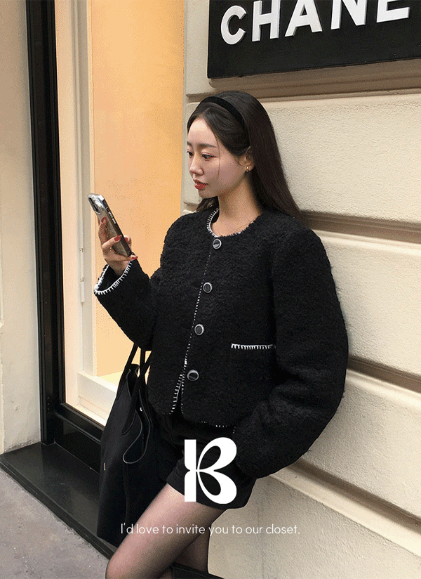 ツイードウール混ボタンラウンドネックステッチ長袖ビジューボタン