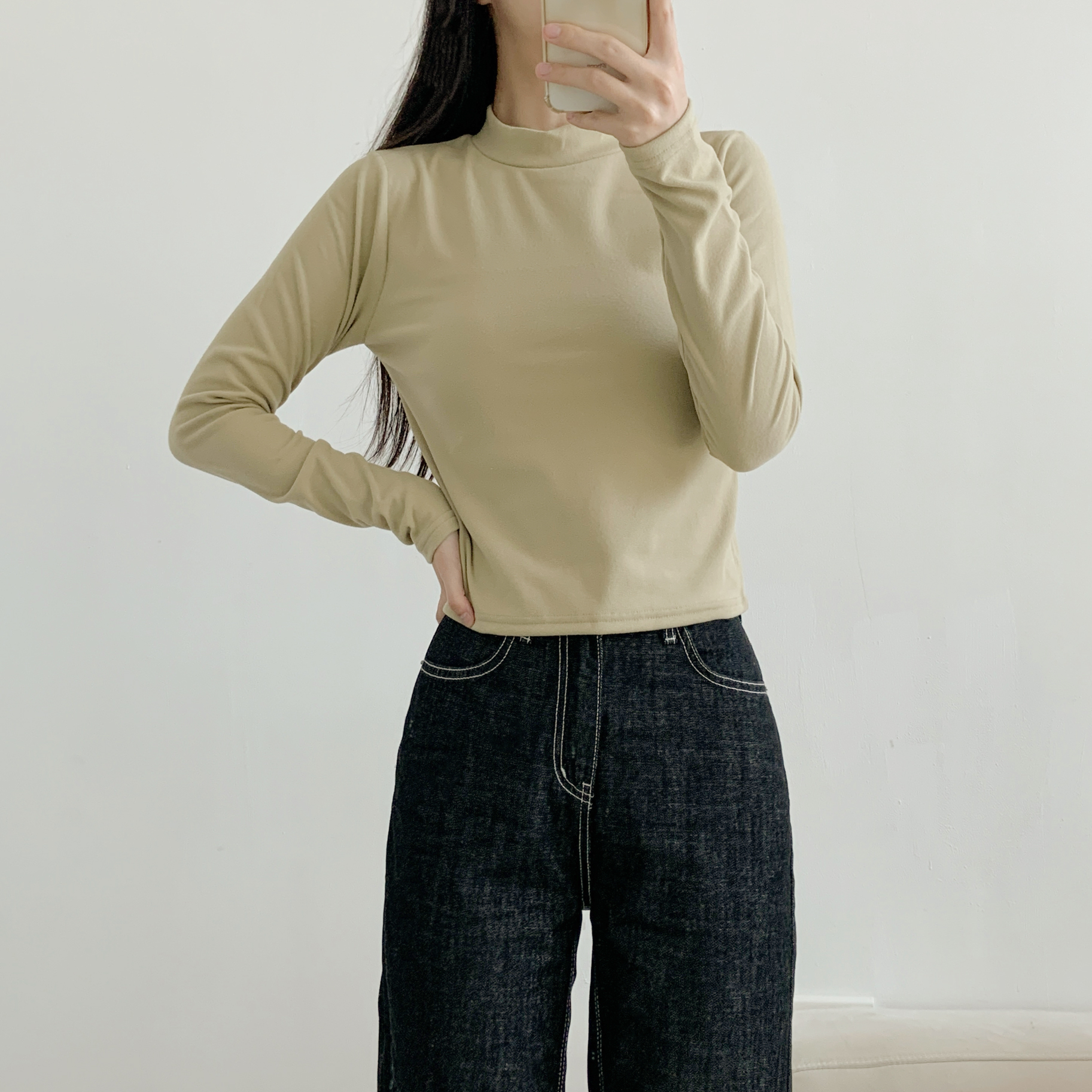 起毛起毛裏地ストレッチハーフネックスリム長袖Tシャツ | 詳細画像18