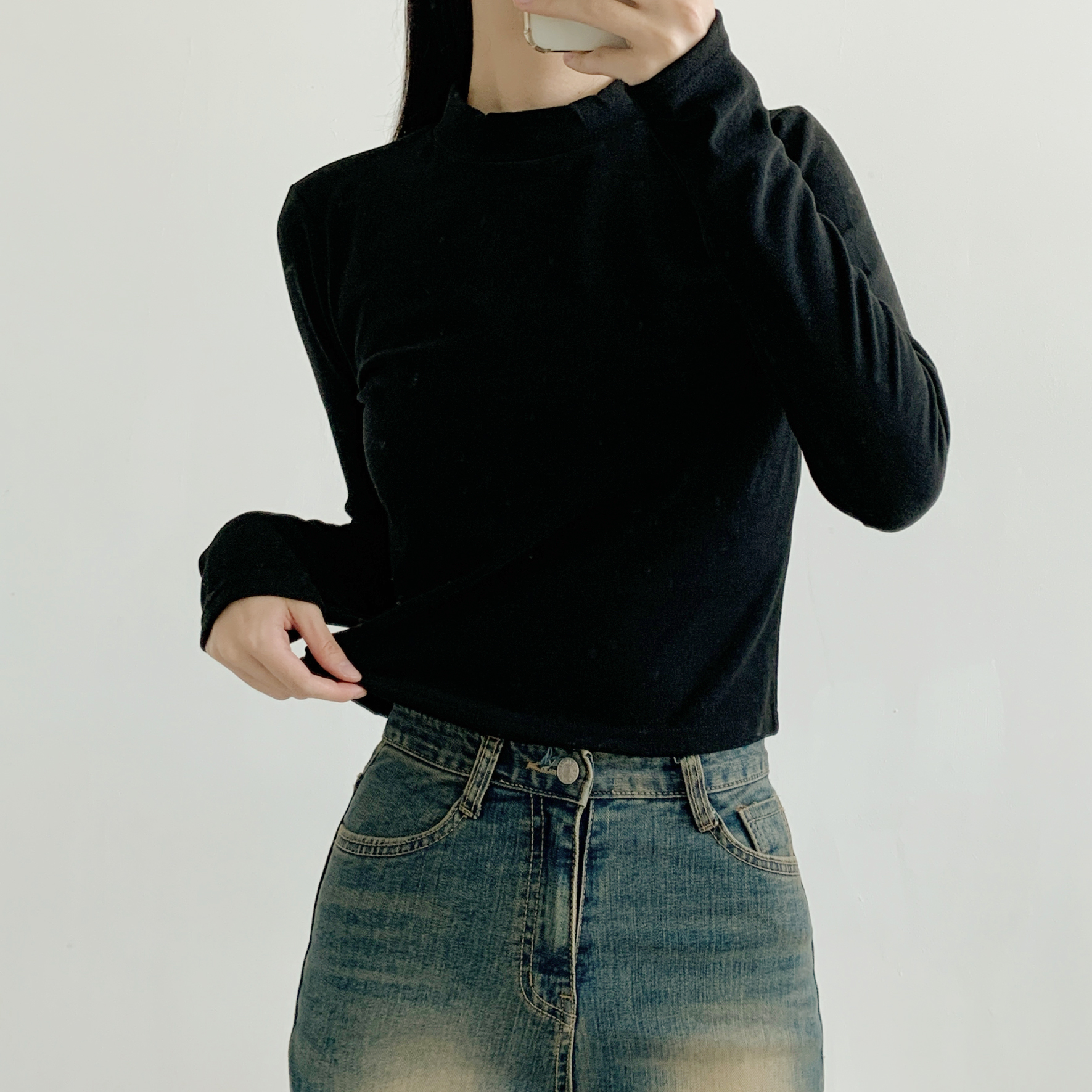 起毛起毛裏地ストレッチハーフネックスリム長袖Tシャツ | 詳細画像12