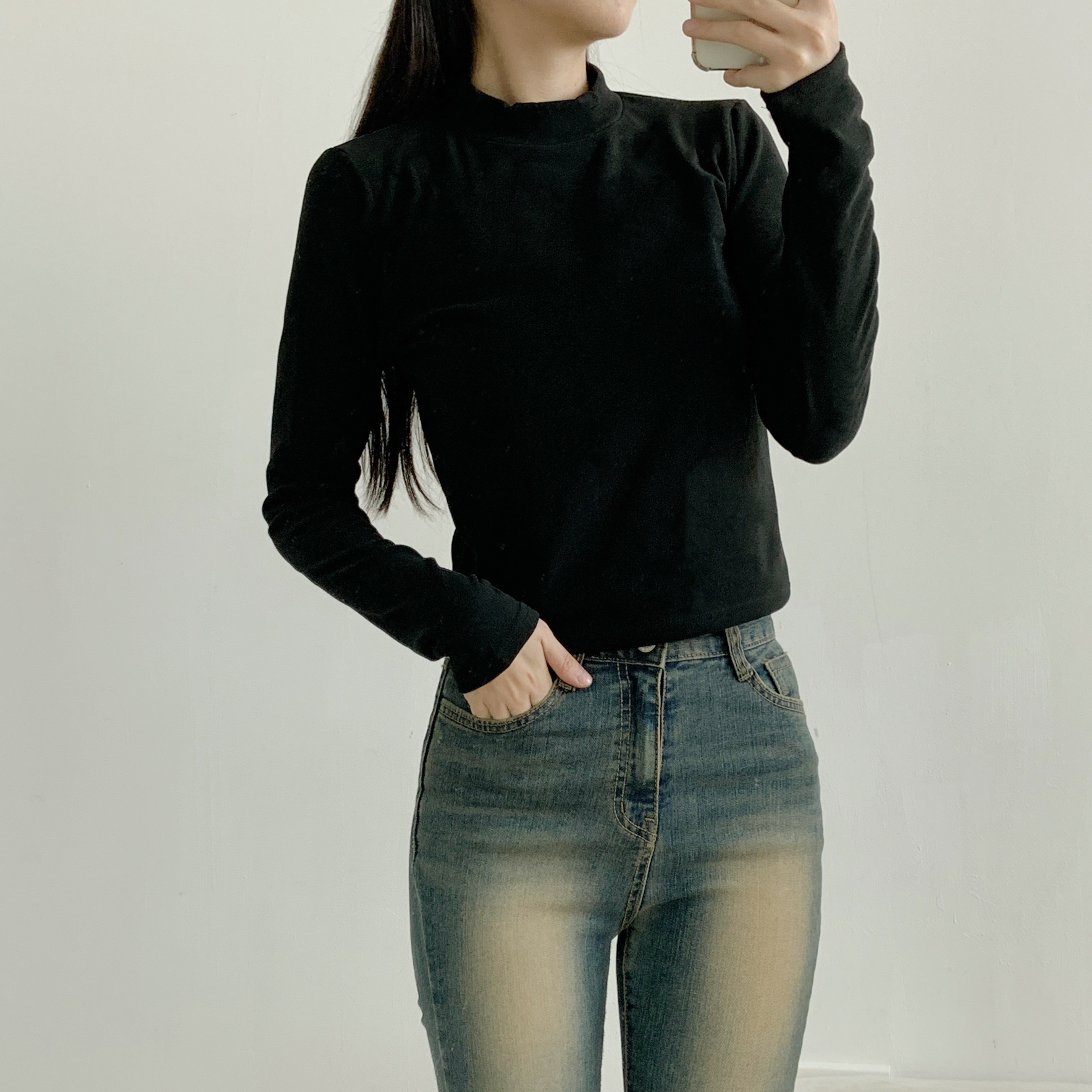 起毛起毛裏地ストレッチハーフネックスリム長袖Tシャツ | 詳細画像13