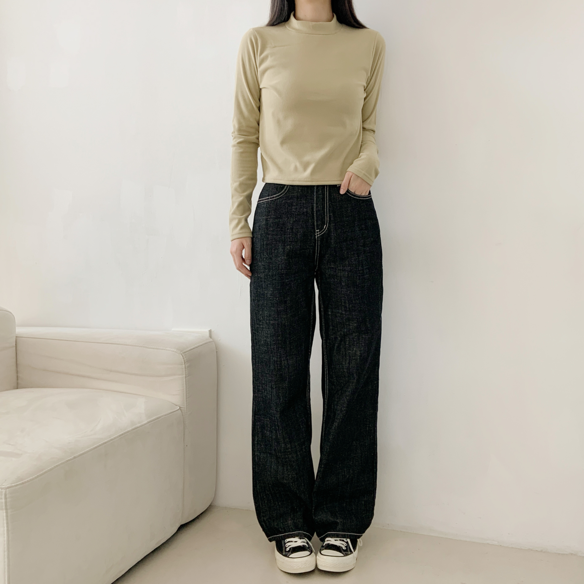 起毛起毛裏地ストレッチハーフネックスリム長袖Tシャツ | 詳細画像16