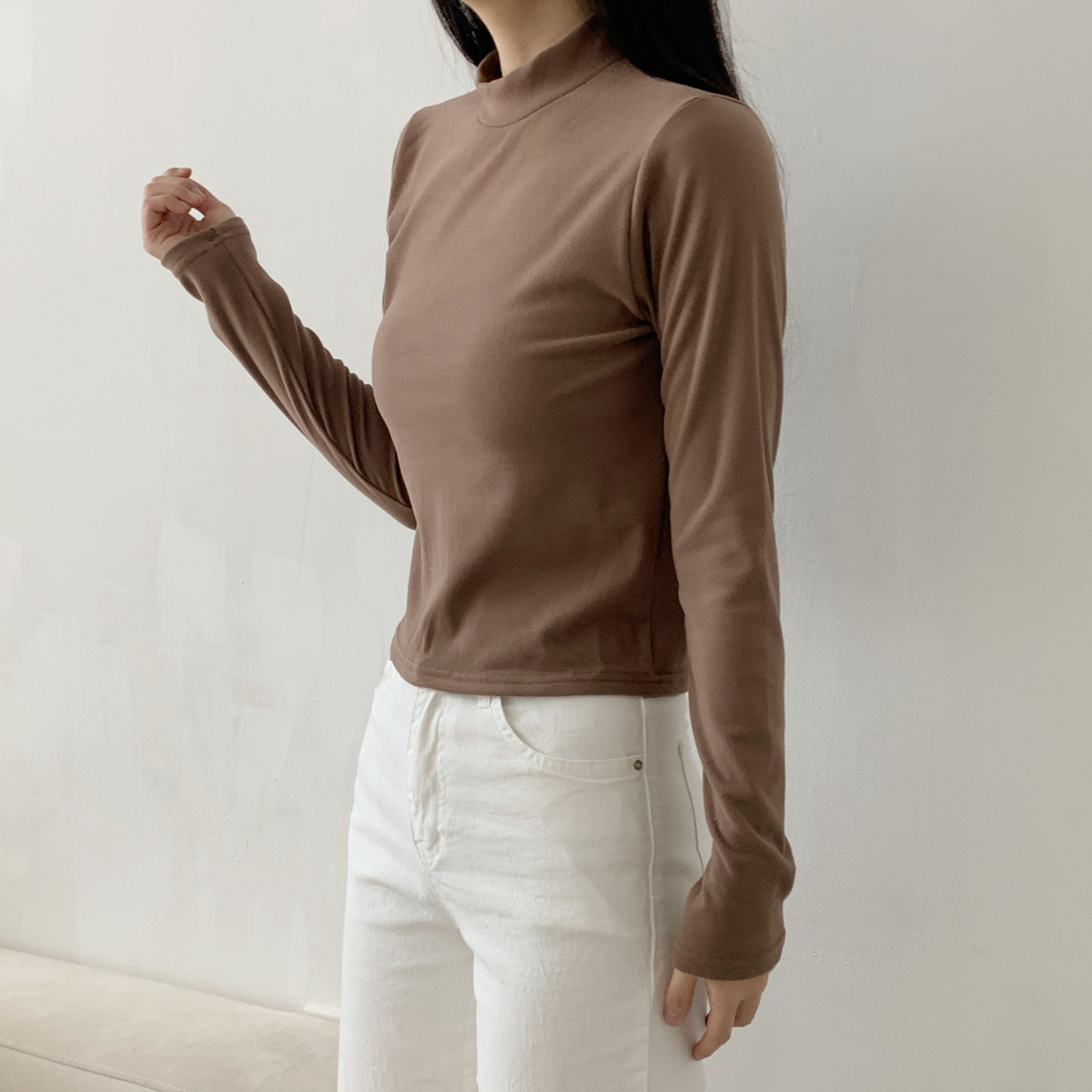 起毛起毛裏地ストレッチハーフネックスリム長袖Tシャツ | 詳細画像8