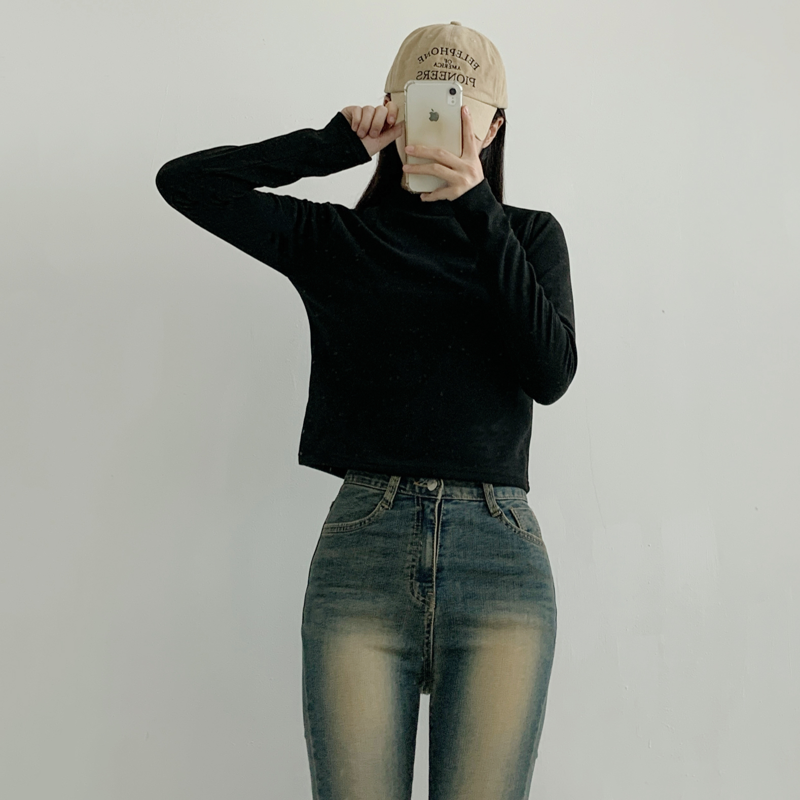 起毛起毛裏地ストレッチハーフネックスリム長袖Tシャツ | 詳細画像11