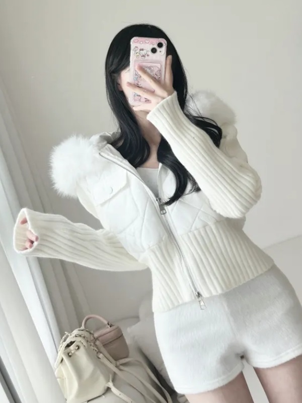 ニットエコファージップアップフード長袖キルティングダウンジャケット