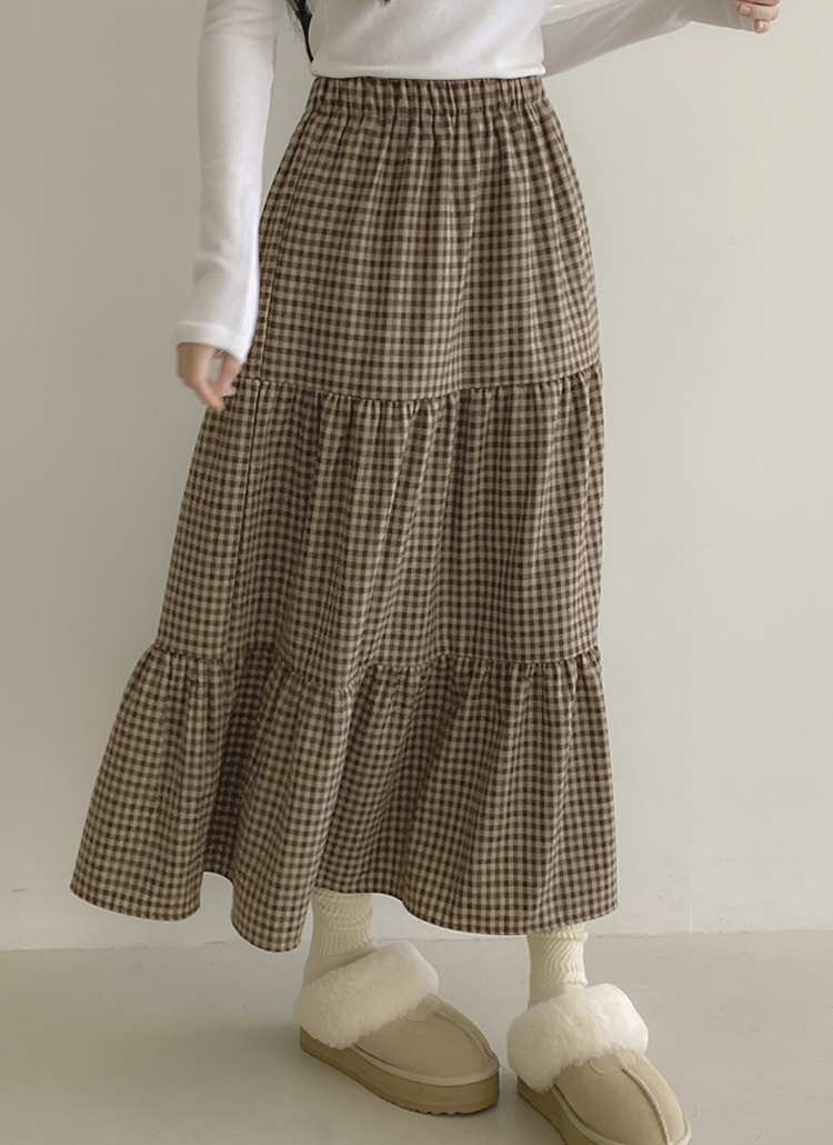 ウエストゴムロングシャーリングAラインギンガムチェックスカート