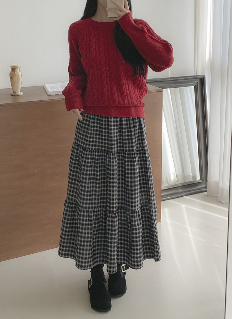 ロングウエストゴムAラインティアードチェックスカート | レディース