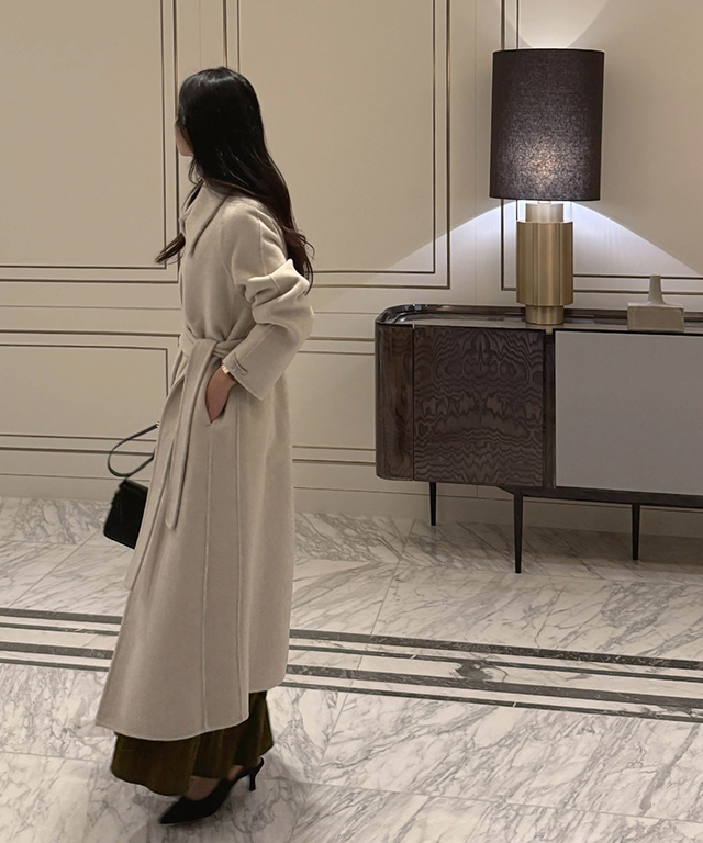 ベルト付キルティングウール混ロング長袖ボタンカラーコートベスト