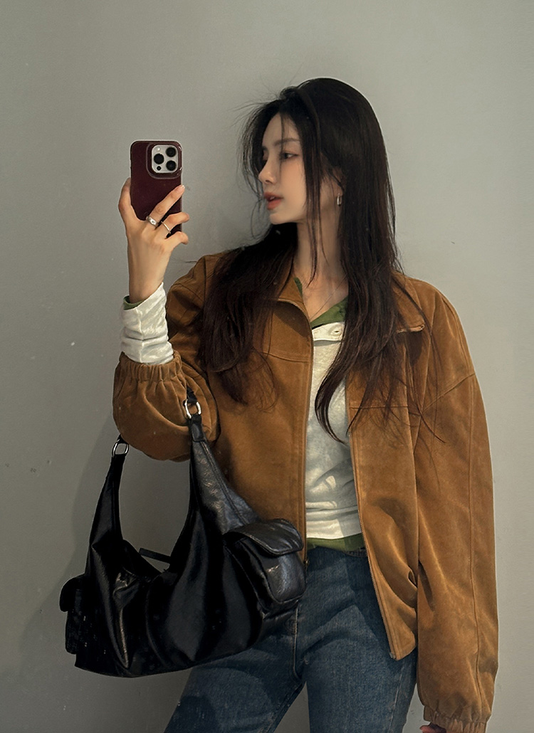 スエード調ジップアップルーズドローストリングジャンパー