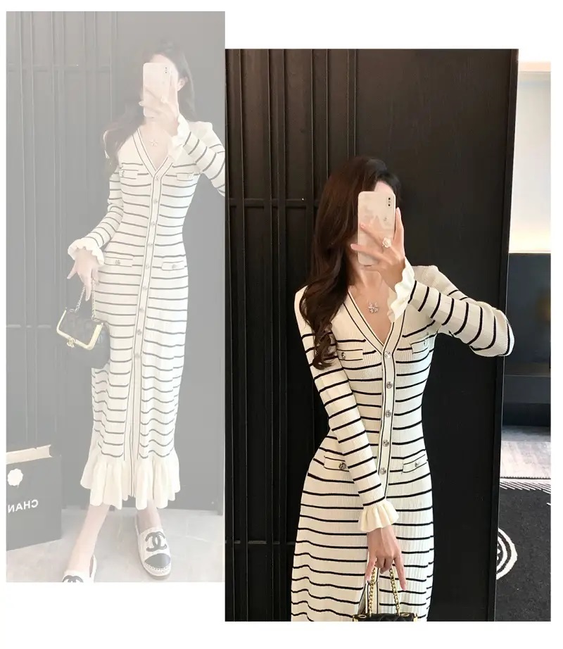 Vネックフリルスリムロングワンピース | 詳細画像7