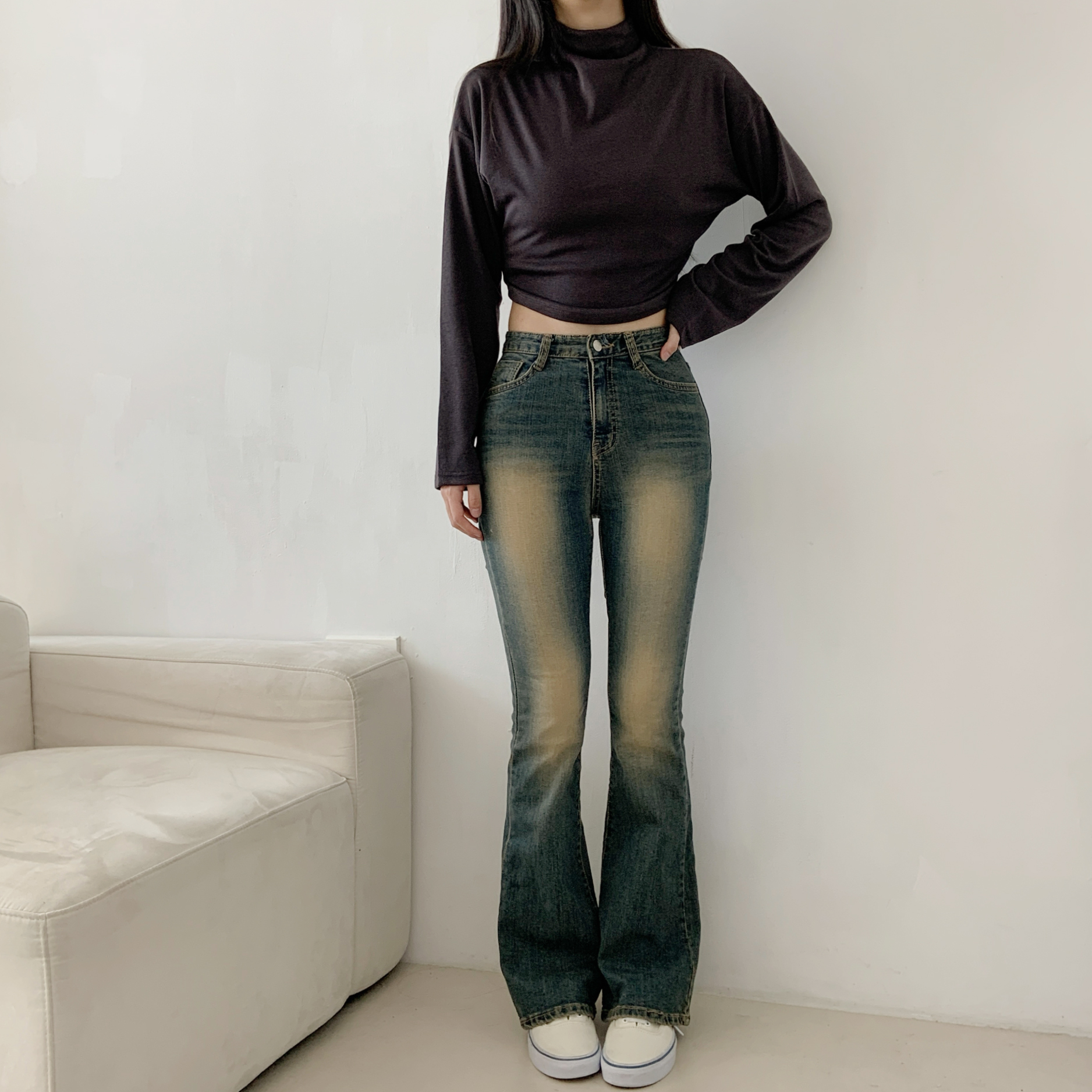 裏起毛ハーフネッククロップド長袖無地カラーTシャツ | 詳細画像12
