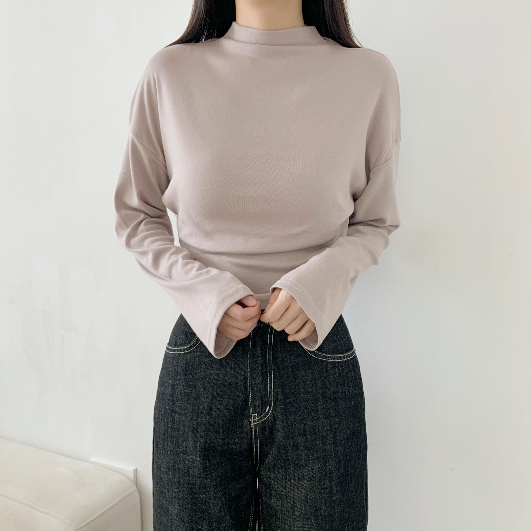 裏起毛ハーフネッククロップド長袖無地カラーTシャツ | 詳細画像18