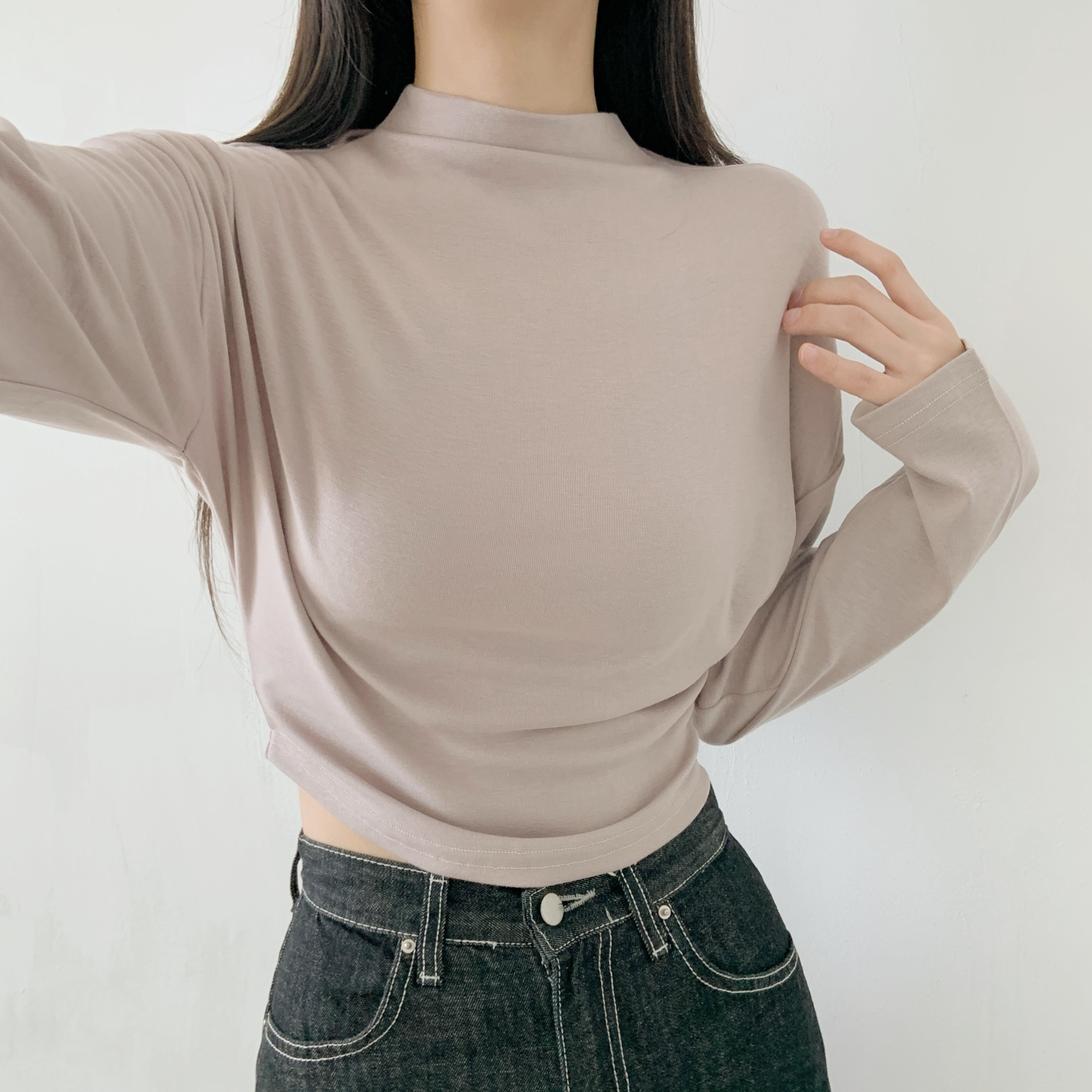 裏起毛ハーフネッククロップド長袖無地カラーTシャツ | 詳細画像21